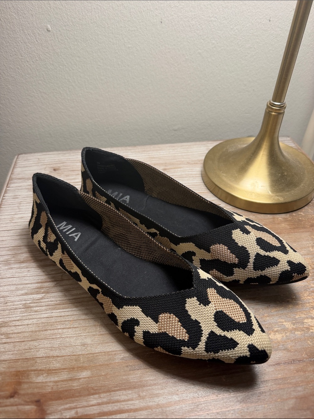 MIA Leopard Knit Pointed Flats in Black and Tan